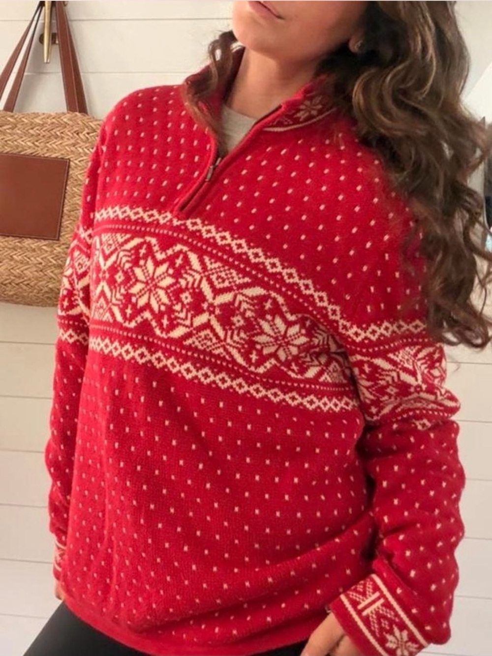 Vintage Lands’ End Red Fair Isle Cotton Quarter Zip Sweater Women’s M
